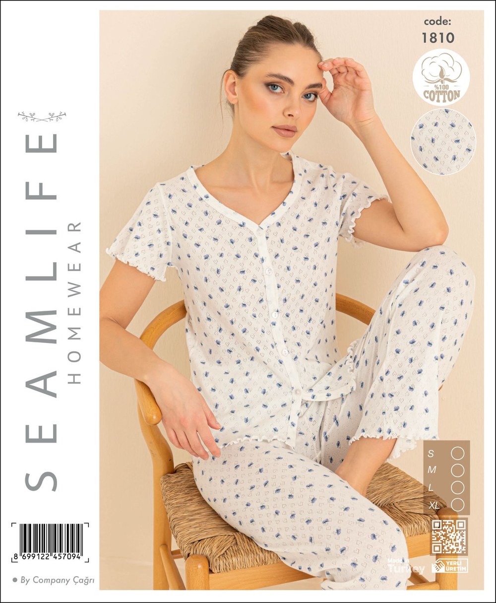Seamlıfe 1810 Bayan Cotton Boydan Düğmeli K.Kol Pijama Takım
