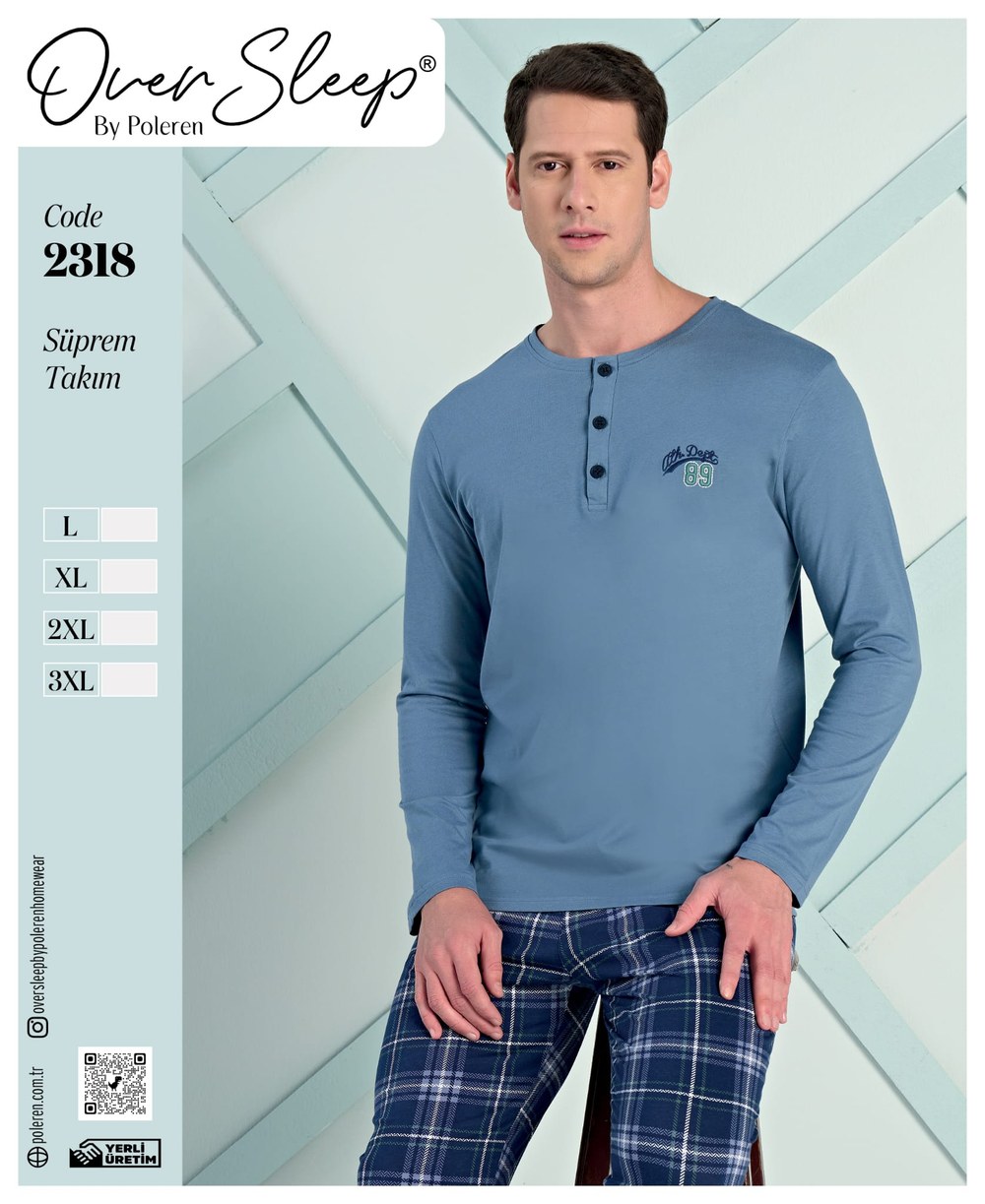 Over Sleep Erkek Poleren Mavi Battal Pijama Takım