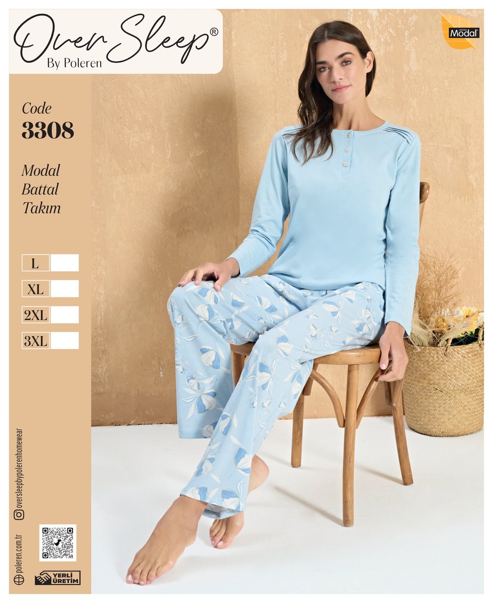Over Sleep Bayan Poleren Mavi Modal Battal Pijama Takım