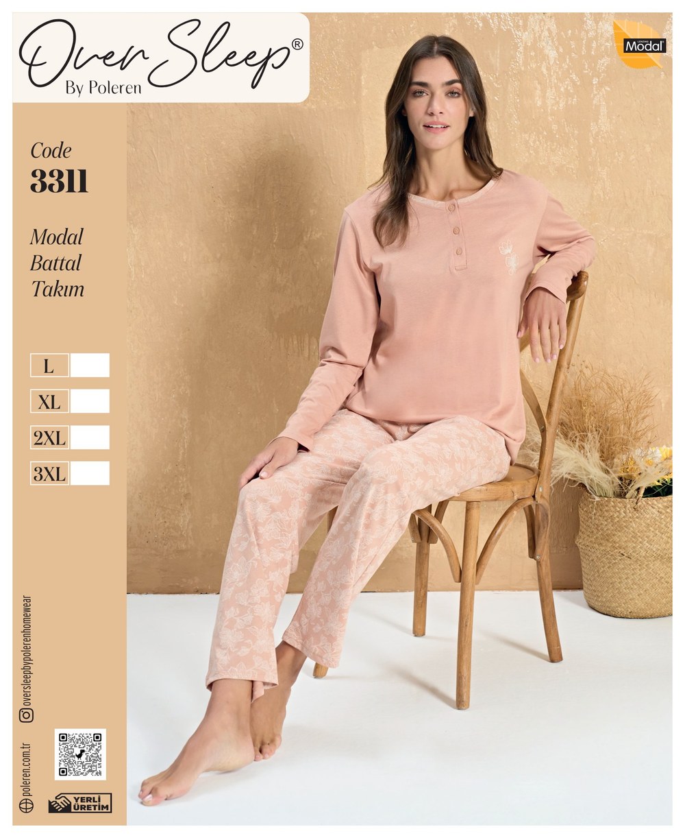 Over Sleep Bayan Poleren Pudra Modal Battal Pijama Takım