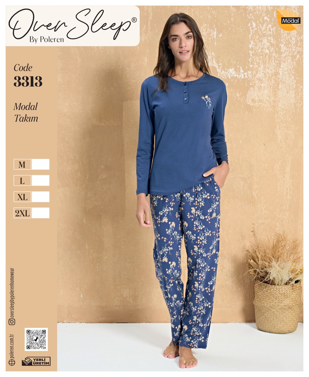 Over Sleep Bayan Poleren Lacıvert Modal Pijama Takım