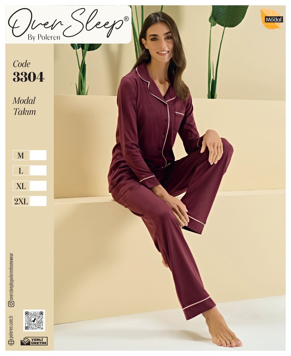 Over Sleep Bayan Poleren Bordo Modal Düğ. Pijama Takım