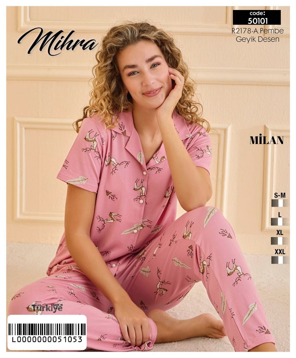 Arcan 50101 Pembe Milan Düğmeli Alt Uzun Desenli Pijama Takım