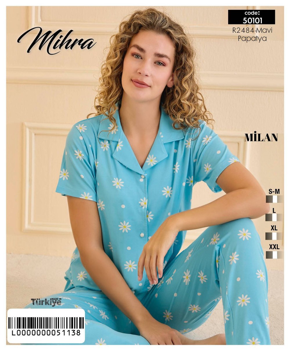Arcan 50101 Mavi Milan Düğmeli Alt Uzun Desenli Pijama Takım