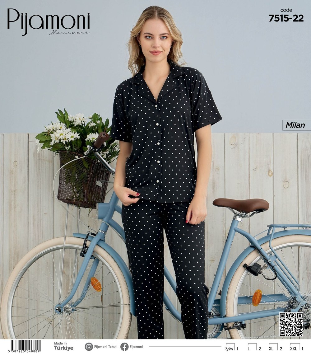 Pıjamoni 7515-22 Bayan Milan Baskılı K.Kol Pijama Takım