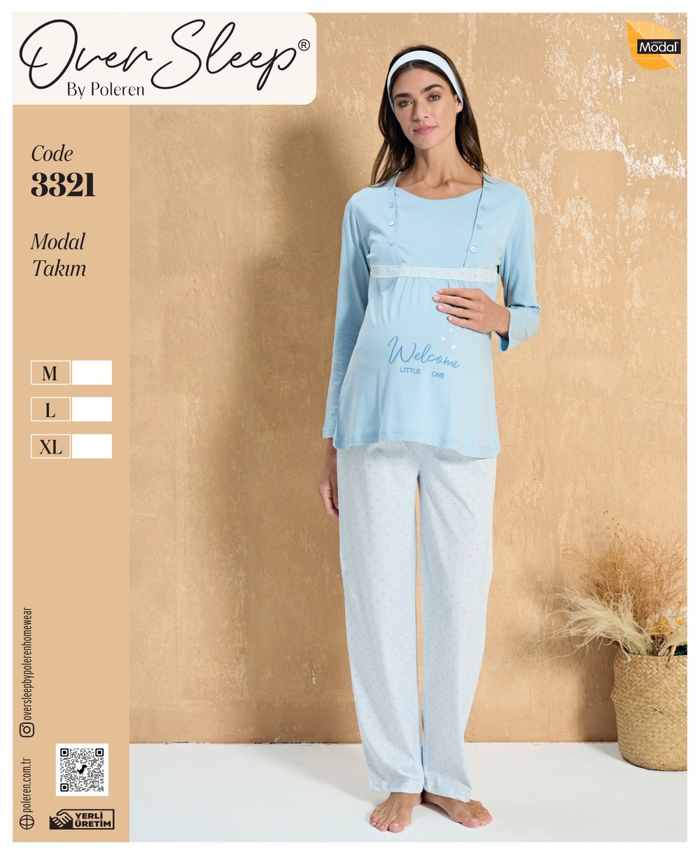 Over Sleep Bayan Poleren Lohusa Mavi Pijama Takım
