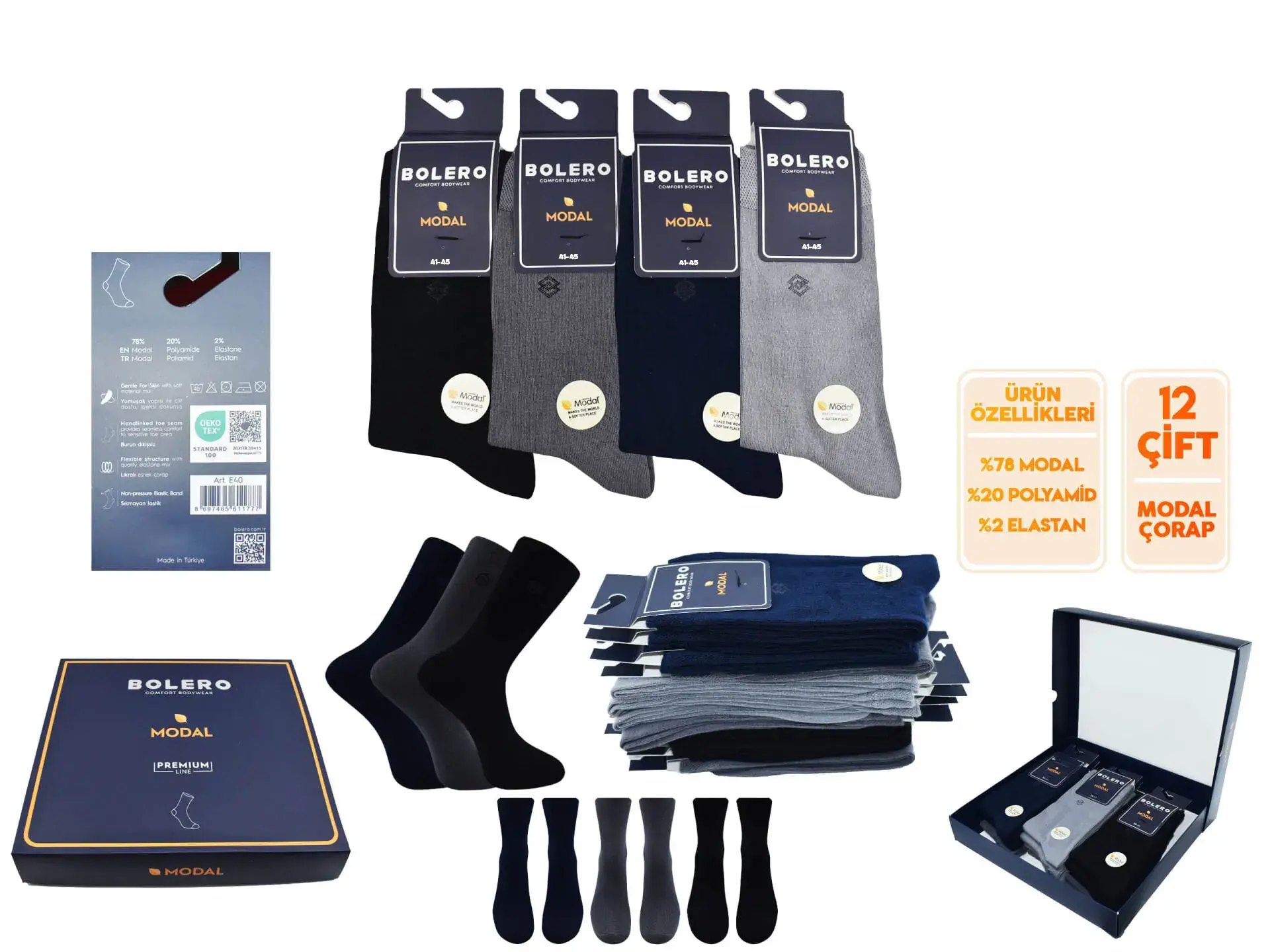 Bolero E-40-1 (41-45 NO) Premium Erkek Modal Çorap