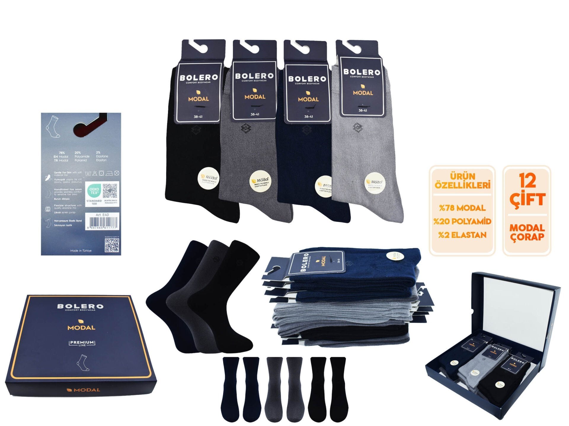 Bolero E-40 (38-41 NO) Premium Erkek Modal Çorap