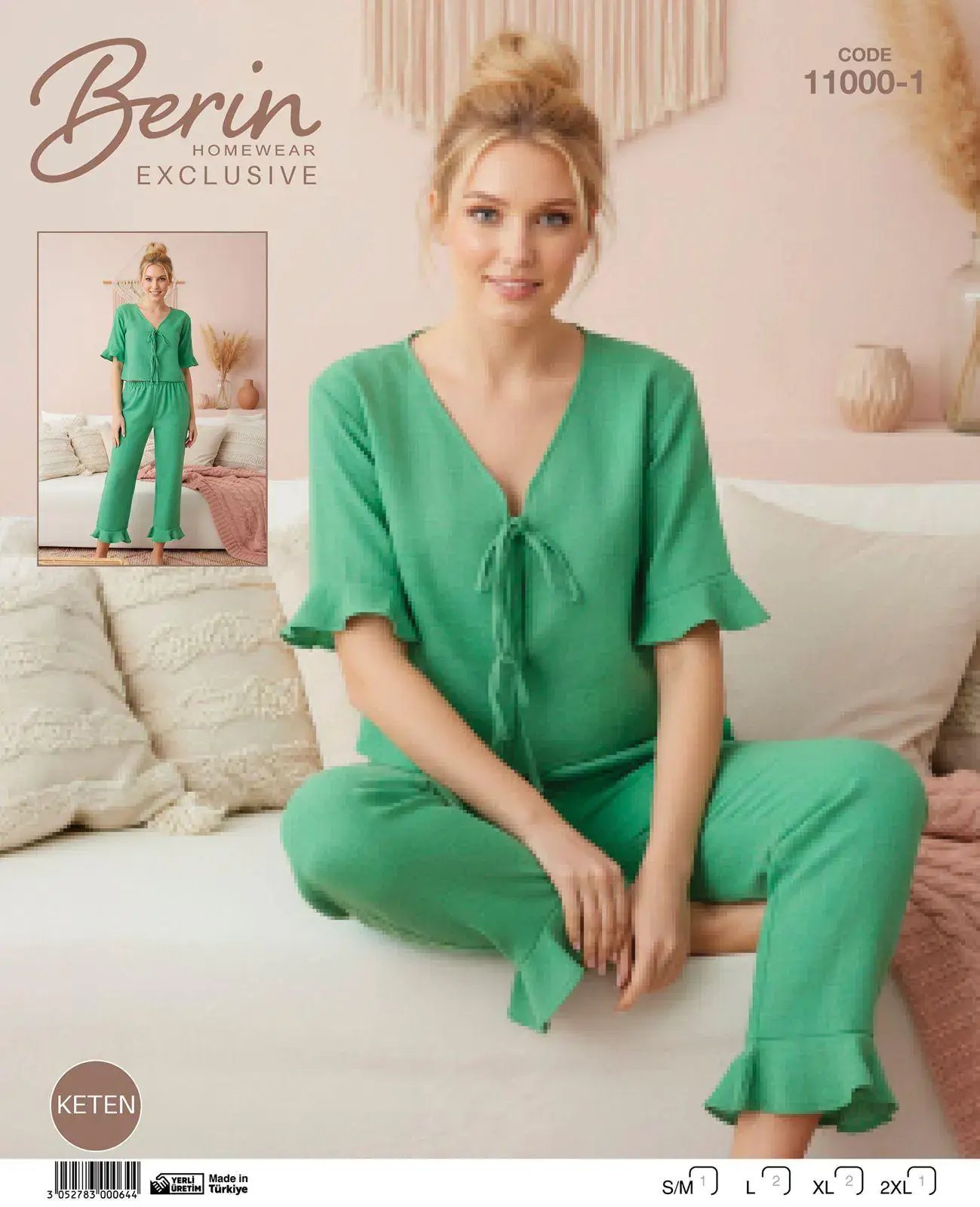 Berin 11000-1 (M-L-XL-XXL) Bayan Kısa Kollu Keten Pijama Takımı