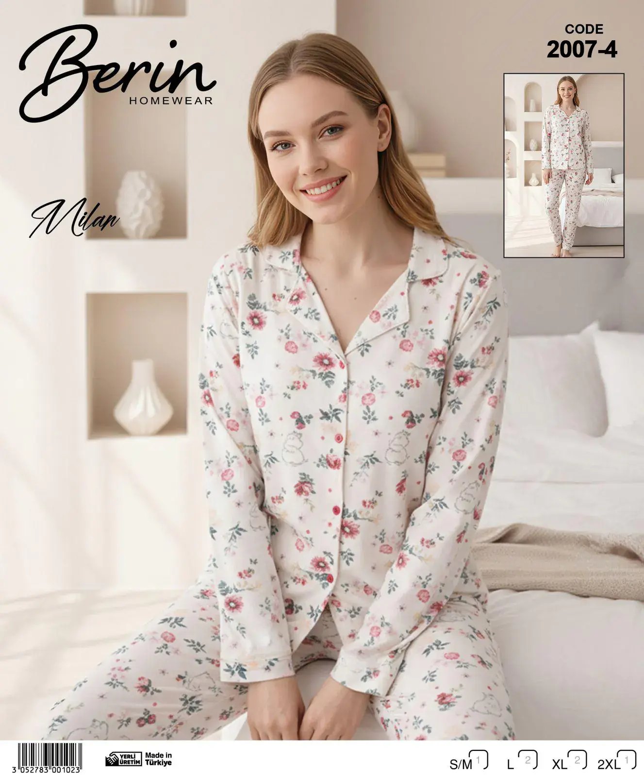 Berin 2007-4 (M-L-XL-XXL) Bayan Uzun Kollu Milan Pijama Takımı