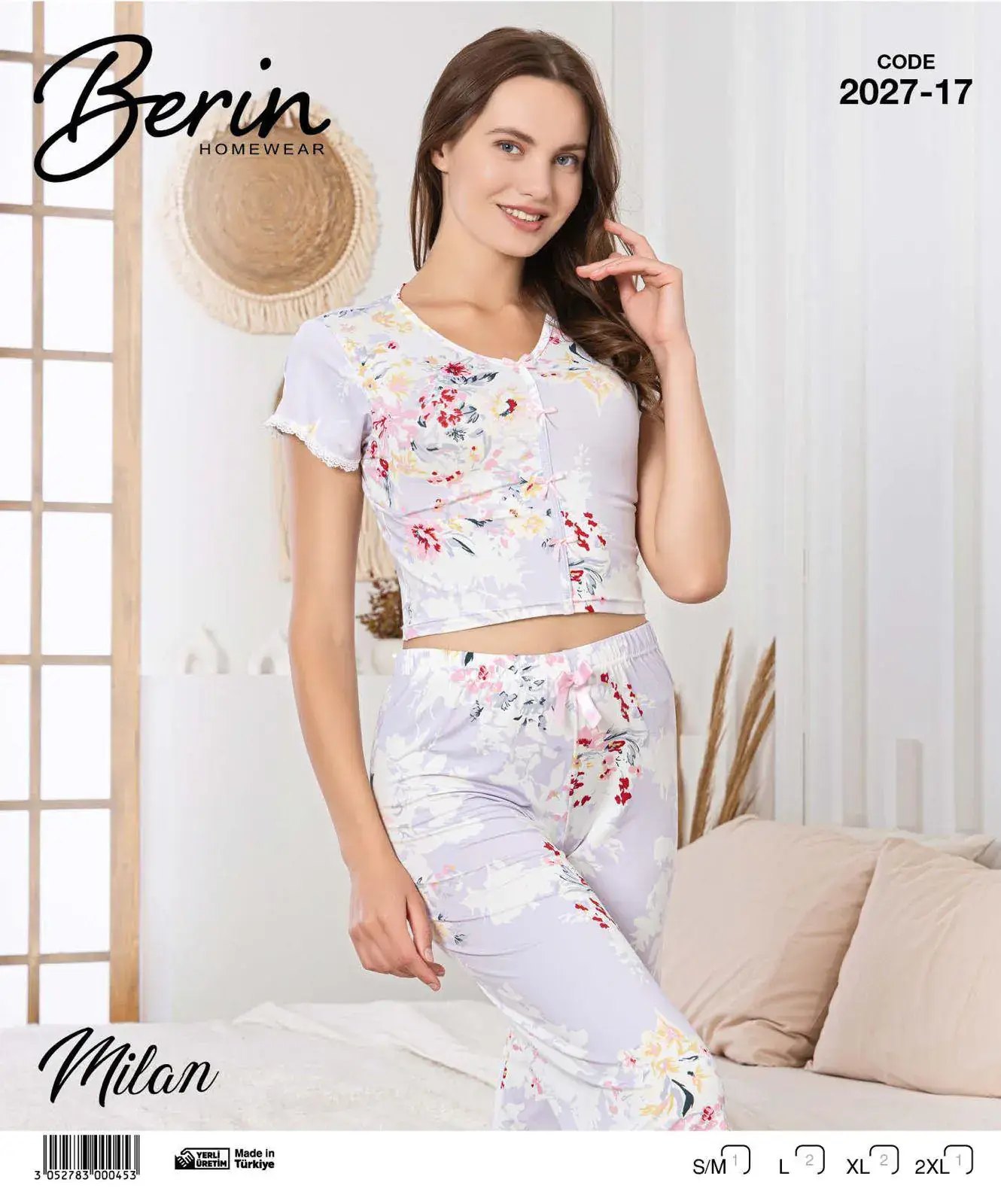 Berin 2027-17 (M-L-XL-XXL) Bayan Krop Kısa Kollu Milan Kapri Pijama Takımı