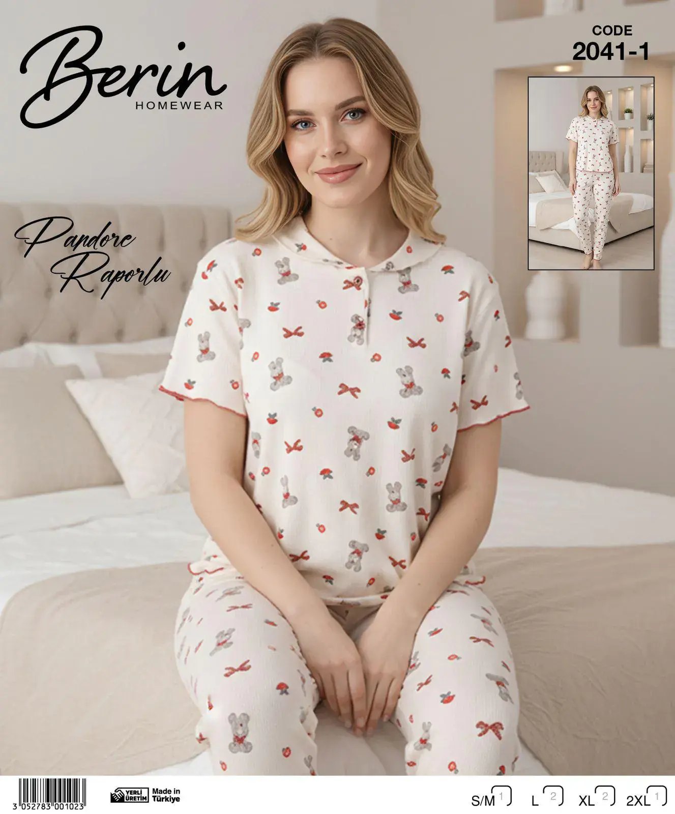 Berin 2041-1 (M-L-XL-XXL) Bayan Kısa Kollu Raporlu Pijama Takımı