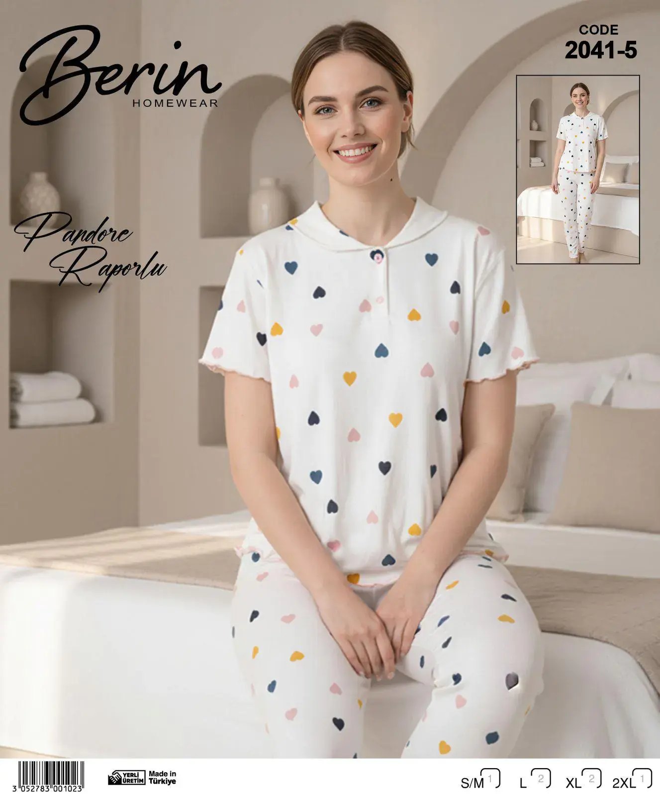 Berin 2041-5 (M-L-XL-XXL) Bayan Kısa Kollu Raporlu Pijama Takımı