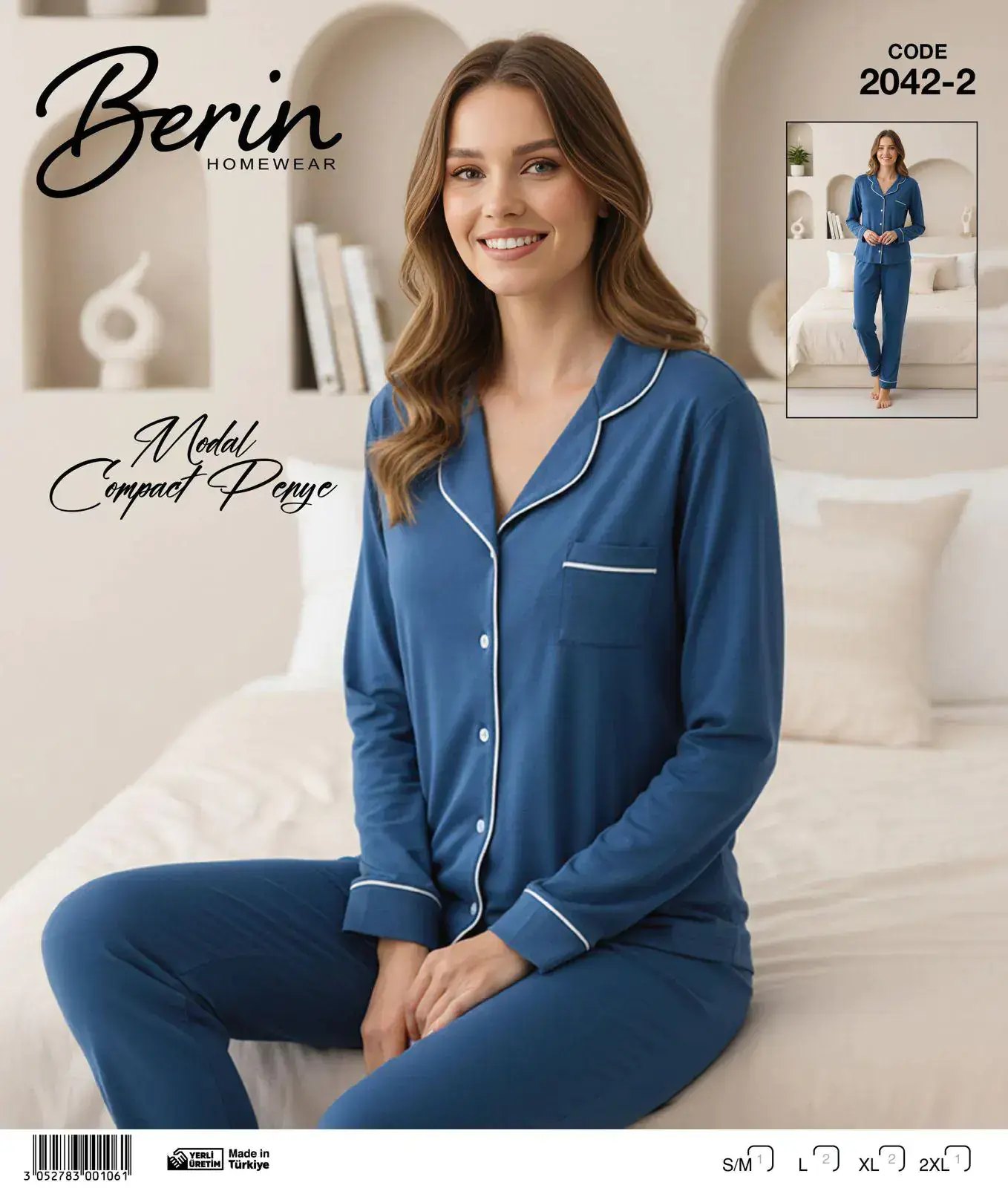 Berin 2042-2 (M-L-XL-XXL) Bayan Uzun Kollu Kompak Pijama Takımı