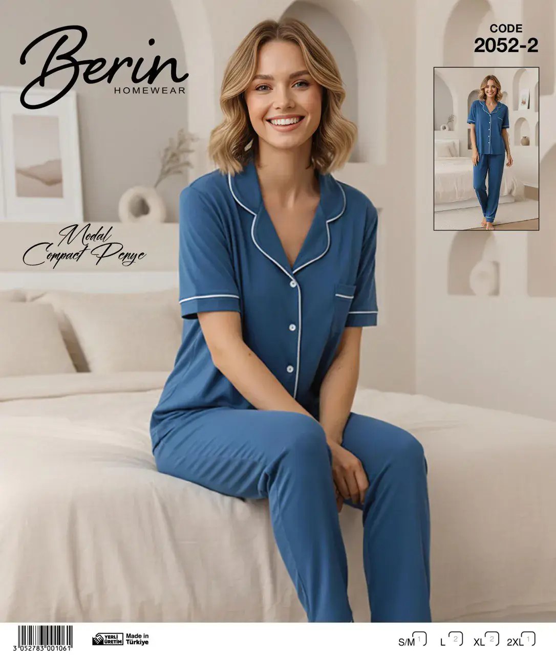 Berin 2052-2 (M-L-XL-XXL) Bayan Kısa Kollu Modal Kompak Penye Pijama Takımı