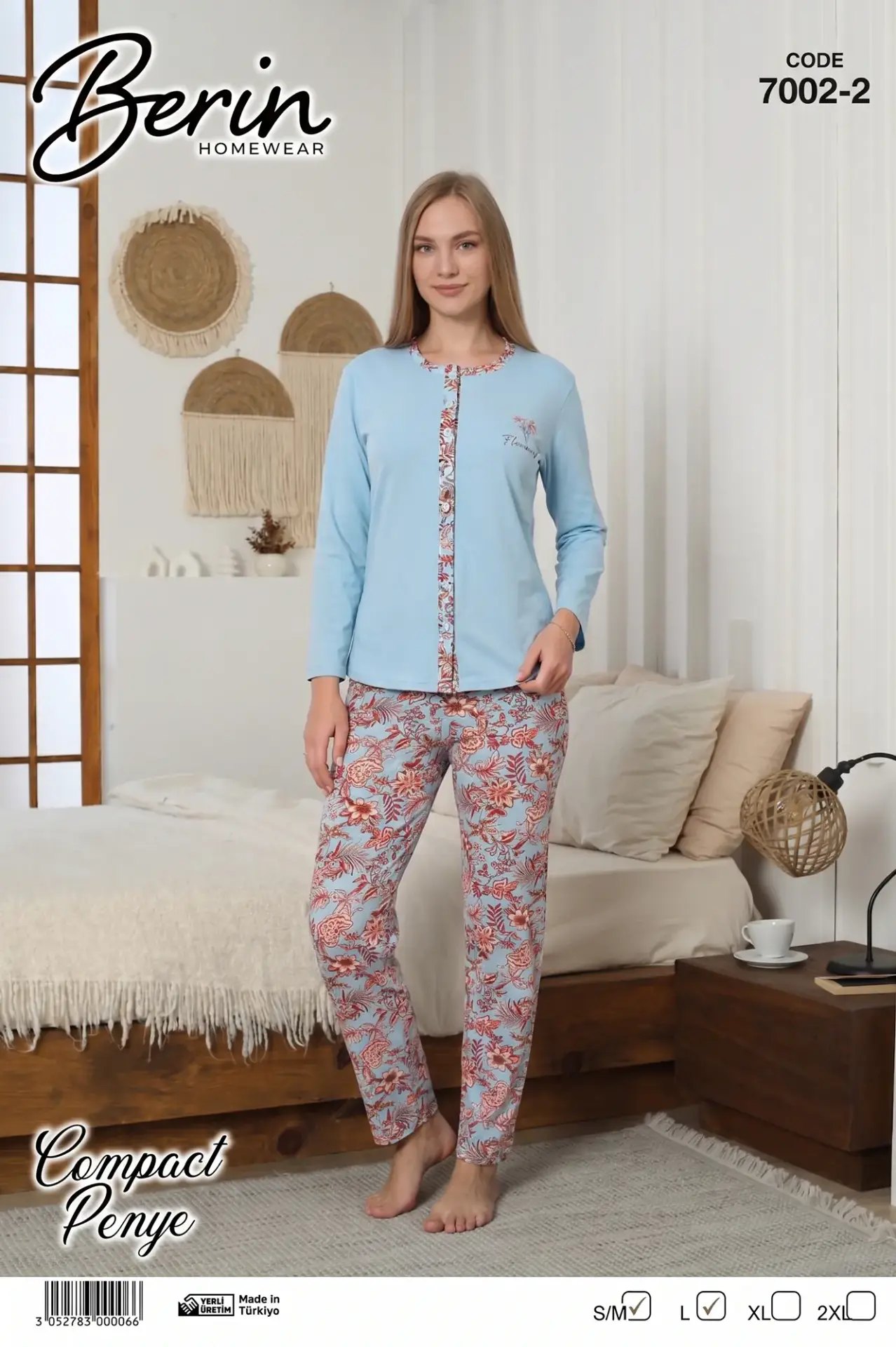 Berin 7002-1 (M-L-XL-XXL) Bayan Uzun Kollu Kompak Pijama Takımı