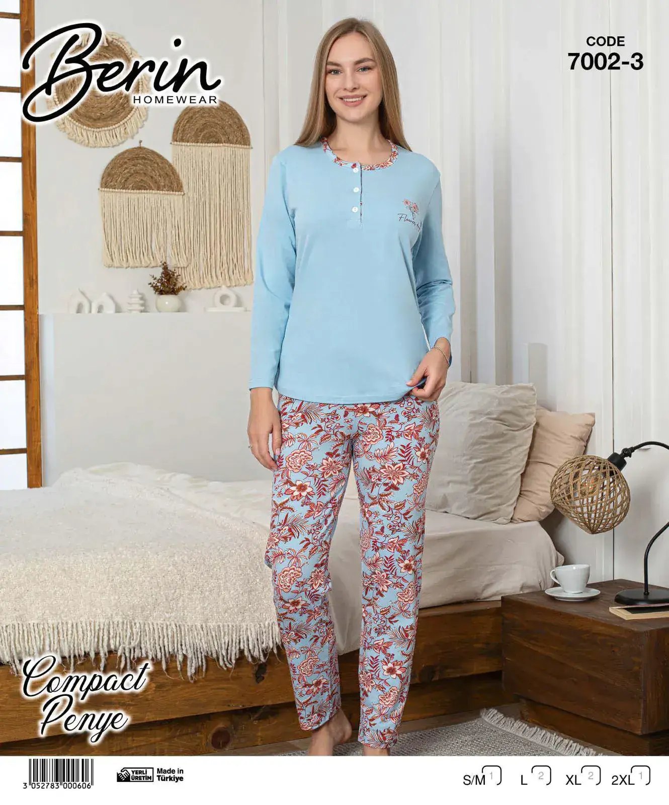 Berin 7002-3 (M-L-XL-XXL) Bayan Uzun Kollu Kompak Pijama Takımı