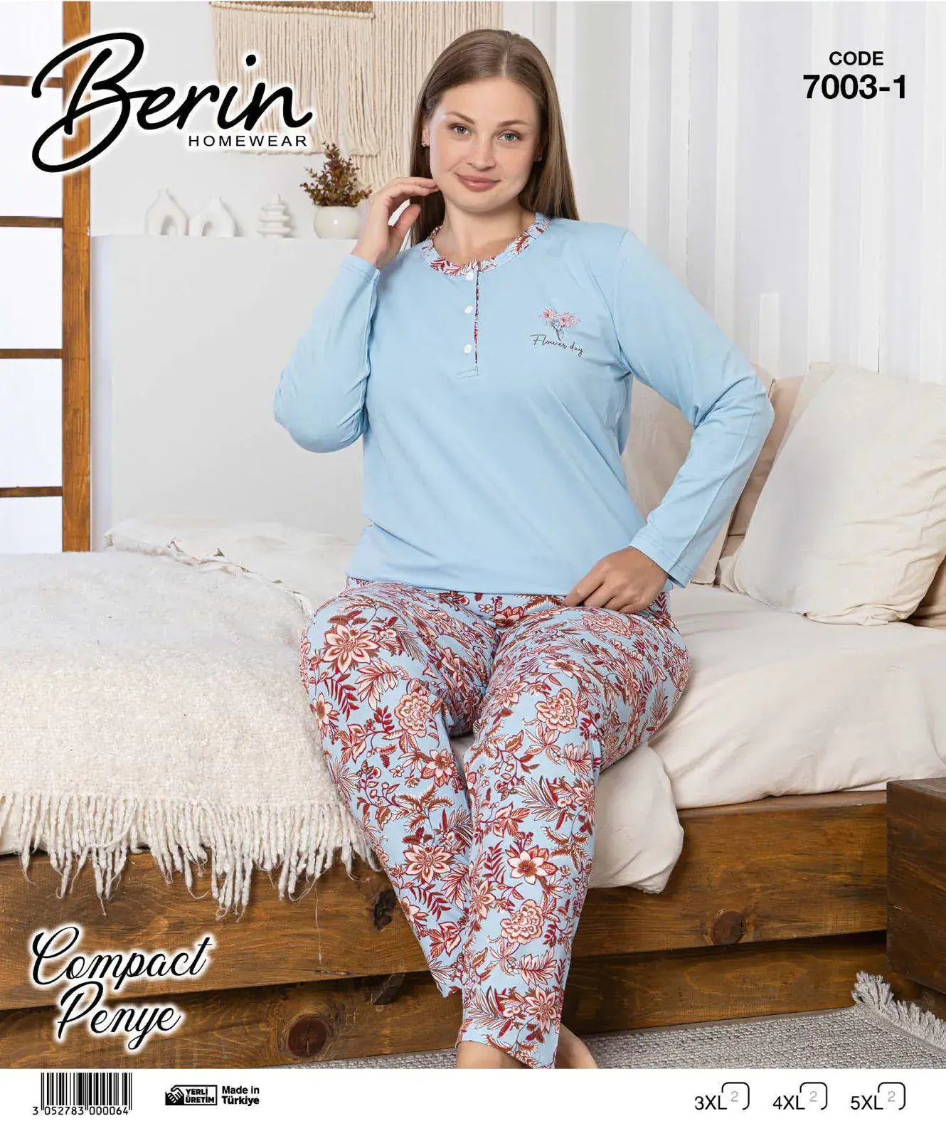 Berin 7003-1 (3XL-4XL-5XL) Bayan Battal Uzun Kollu Kompak Pijama Takımı