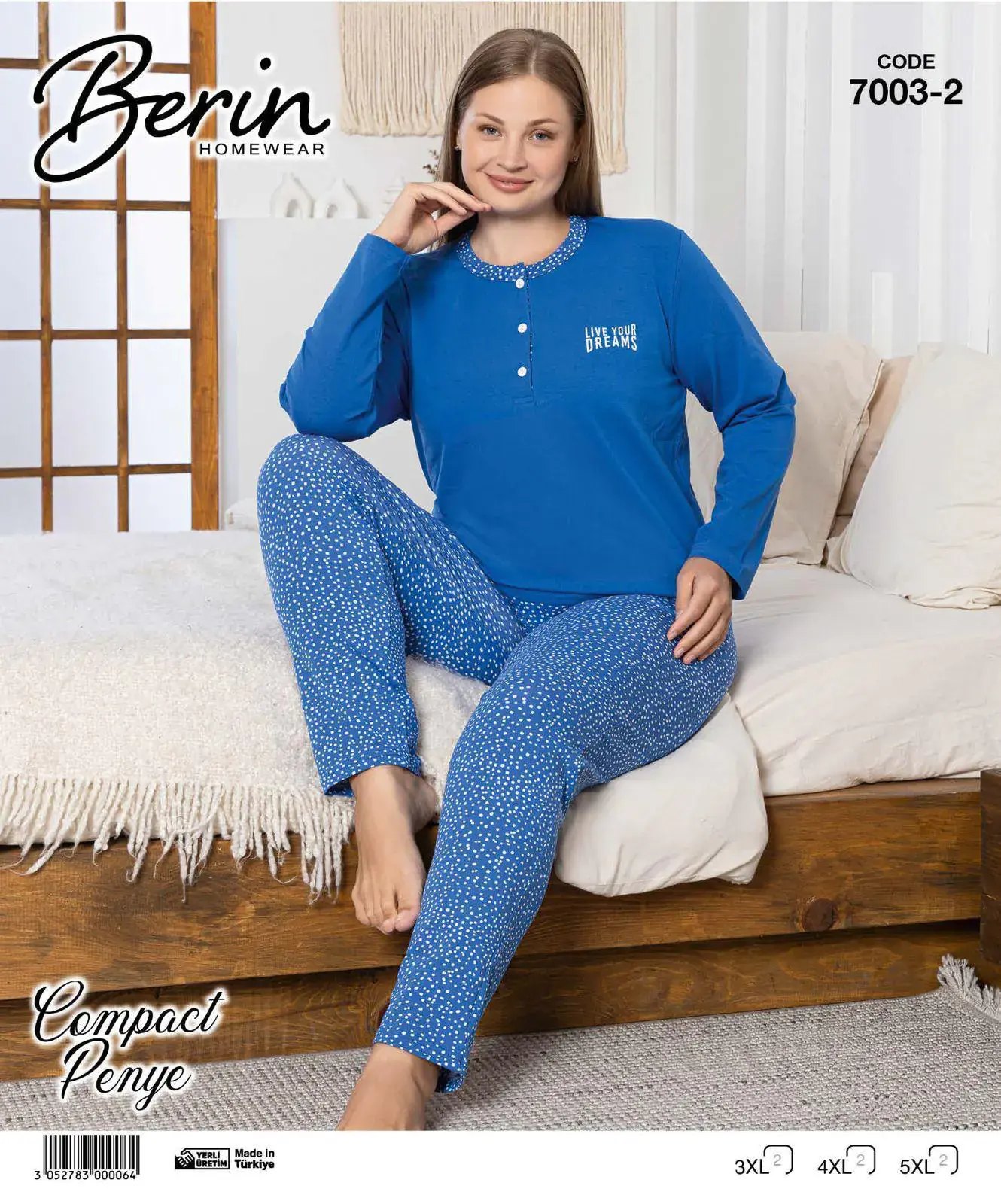 Berin 7003-2 (3XL-4XL-5XL) Bayan Battal Uzun Kollu Kompak Pijama Takımı
