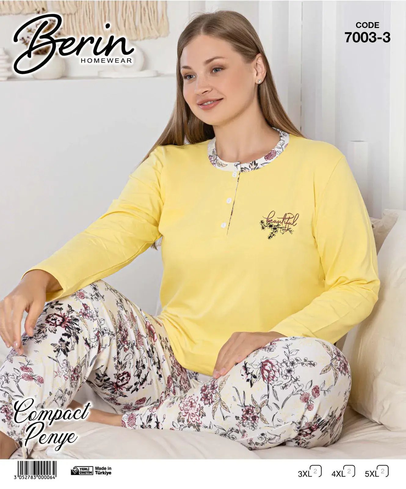 Berin 7003-3 (3XL-4XL-5XL) Bayan Battal Uzun Kollu Kompak Pijama Takımı