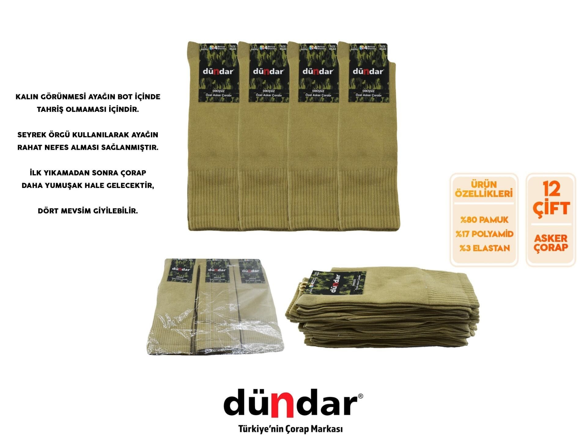 Dündar 9501 (40-44) Dikişsiz Asker Çorabı