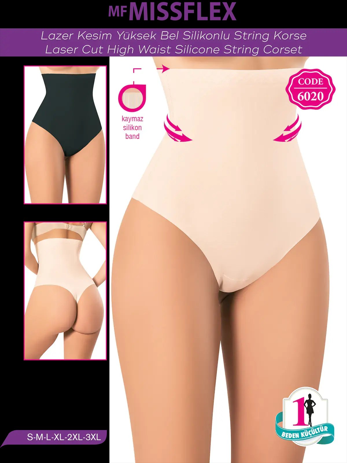 MF MISS FLEX 6020 Lazer Kesim Yüksek Bel Silikonlu String Korse
