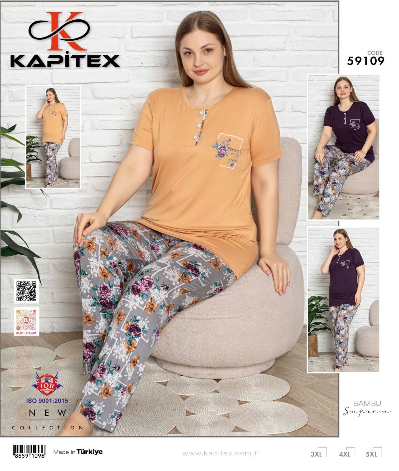 Kapitex 59109 Bambu Ring Viskon Battal Beden Bayan Uzun Kol Pijama Takım