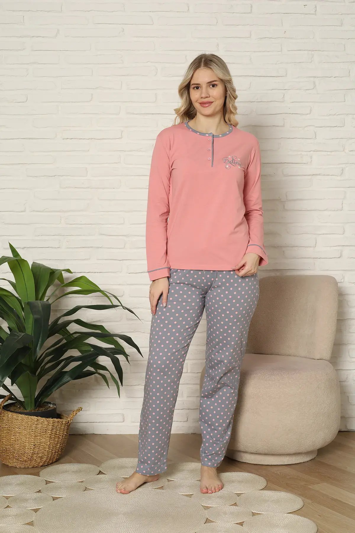 Kapitex 59166 (M-L-XL-XXL) Pamuklu Bayan Uzun Kollu Pijama Takım