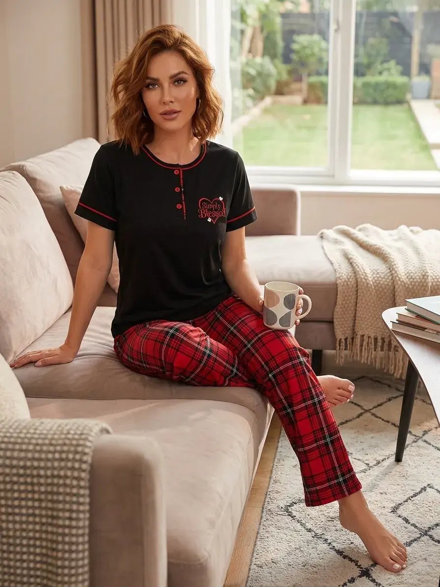 Kapitex 59200 (M-L-XL-XXL) Likralı Penye Bayan Kısa Kol Pijama Takım