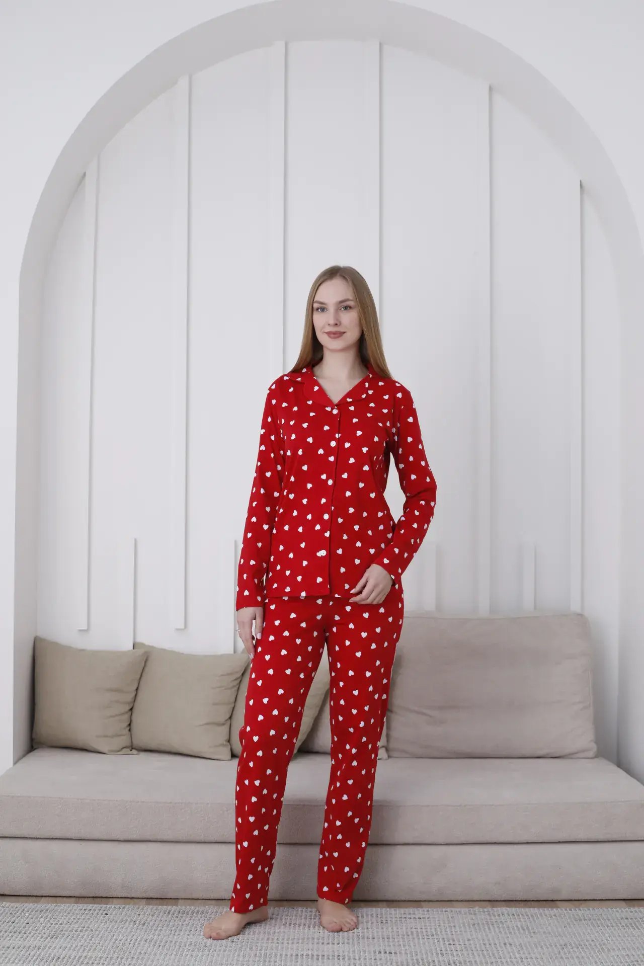 Kapitex 9898 (M-L-XL-XXL) Boydan Düğmeli Bayan Uzun Kol Pijama Takım