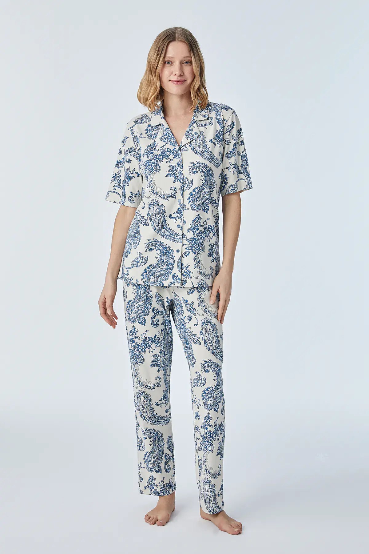 Pijadore 2091 (M-L-XL-XXL) Kısa Kollu Boydan Düğmeli Bayan Pijama Takım