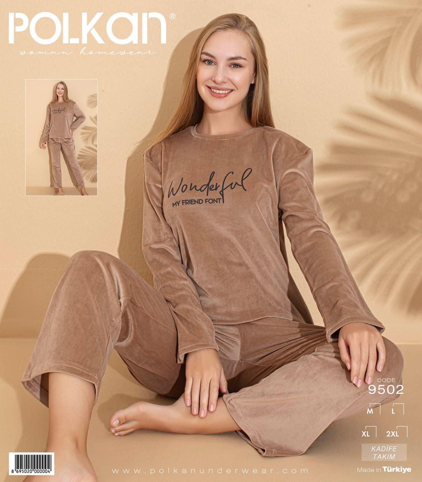 Polkan 9502 (M-L-XL-XXL) Kadife Uzun Kollu Bayan Pijama Takım