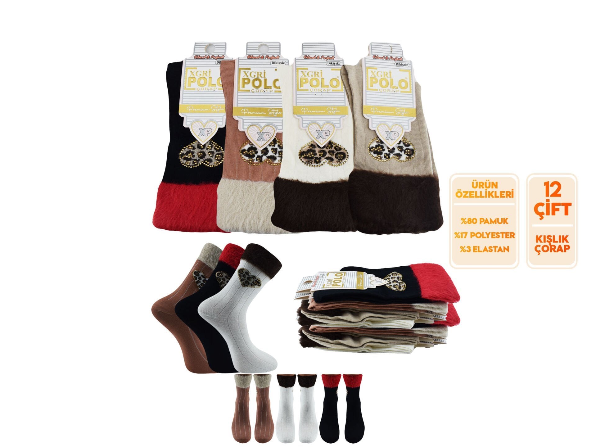 XGRİ POLO Taşlı Kürklü Derbili Yumoş Peluş Kışlık Bayan Soket Çorap