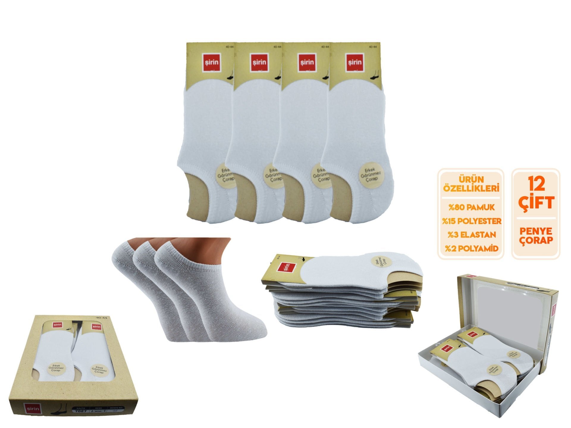 Şirin 7027-001 Düz Beyaz Görünmez Kapalı Erkek Penye Babet