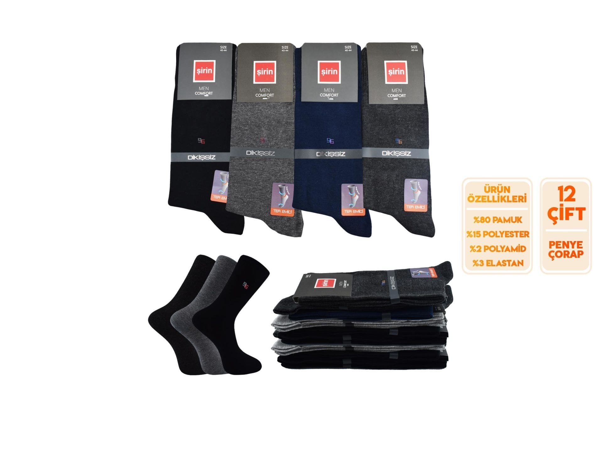 Şirin 7280-03 (40-44) Ter Emici Dikişsiz Erkek Soket Çorap