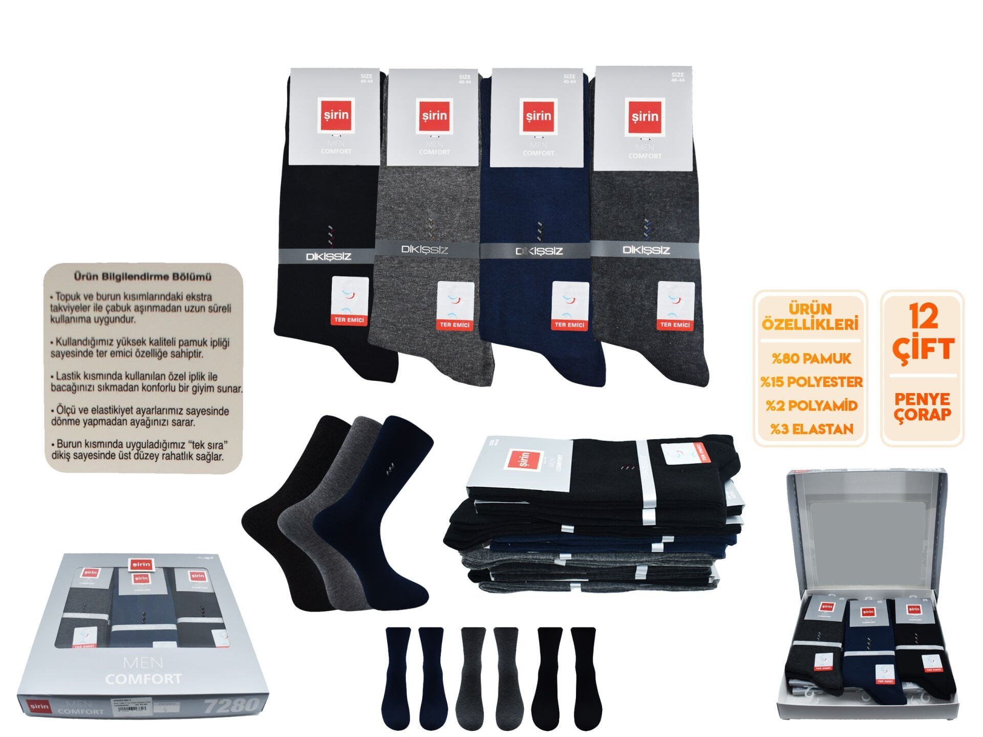 Şirin 7280-5 (40-44) Ter Emici Dikişsiz Erkek Soket Çorap