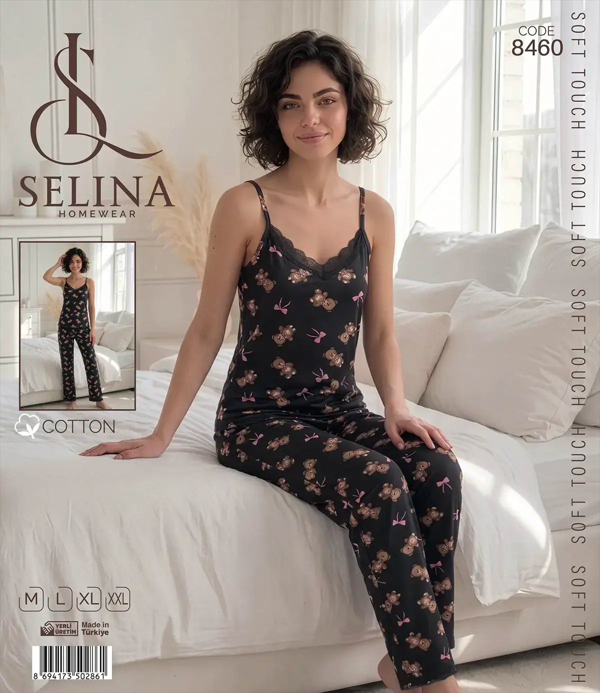 Selina 8460 (M-L-XL-XXL) Bayan İp Askılı Pijama Takım