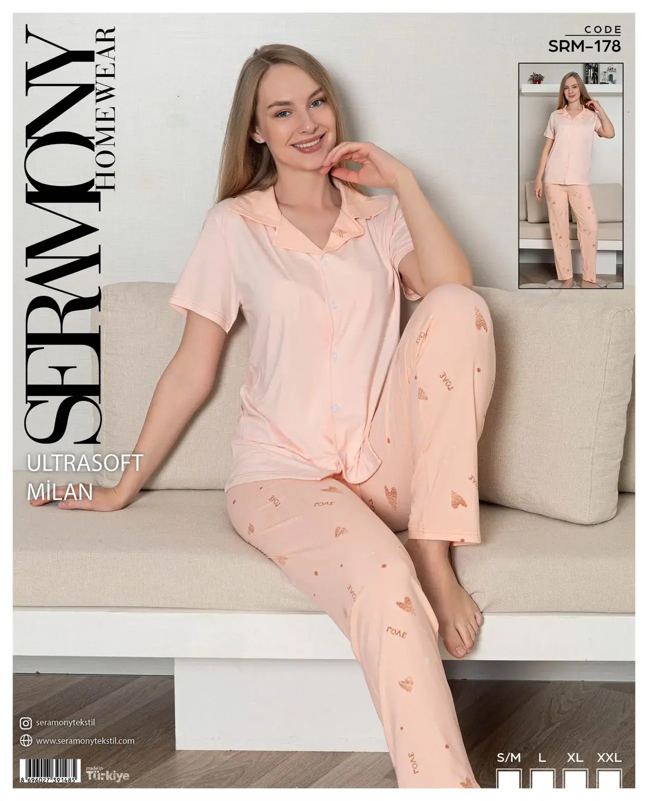 Seramony 178 (S-M-L-XL-XXL) Soft Milan Kısa Kollu Boydan Düğmeli Bayan Pijama Takım