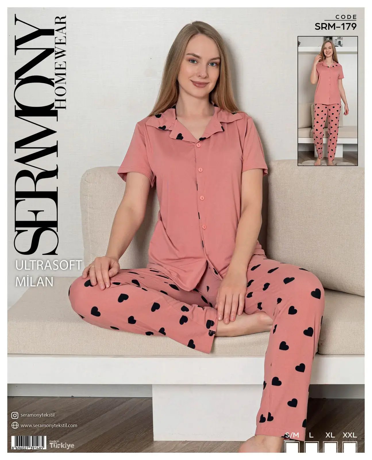 Seramony 179 (S-M-L-XL-XXL) Soft Milan Kısa Kollu Boydan Düğmeli Bayan Pijama Takım