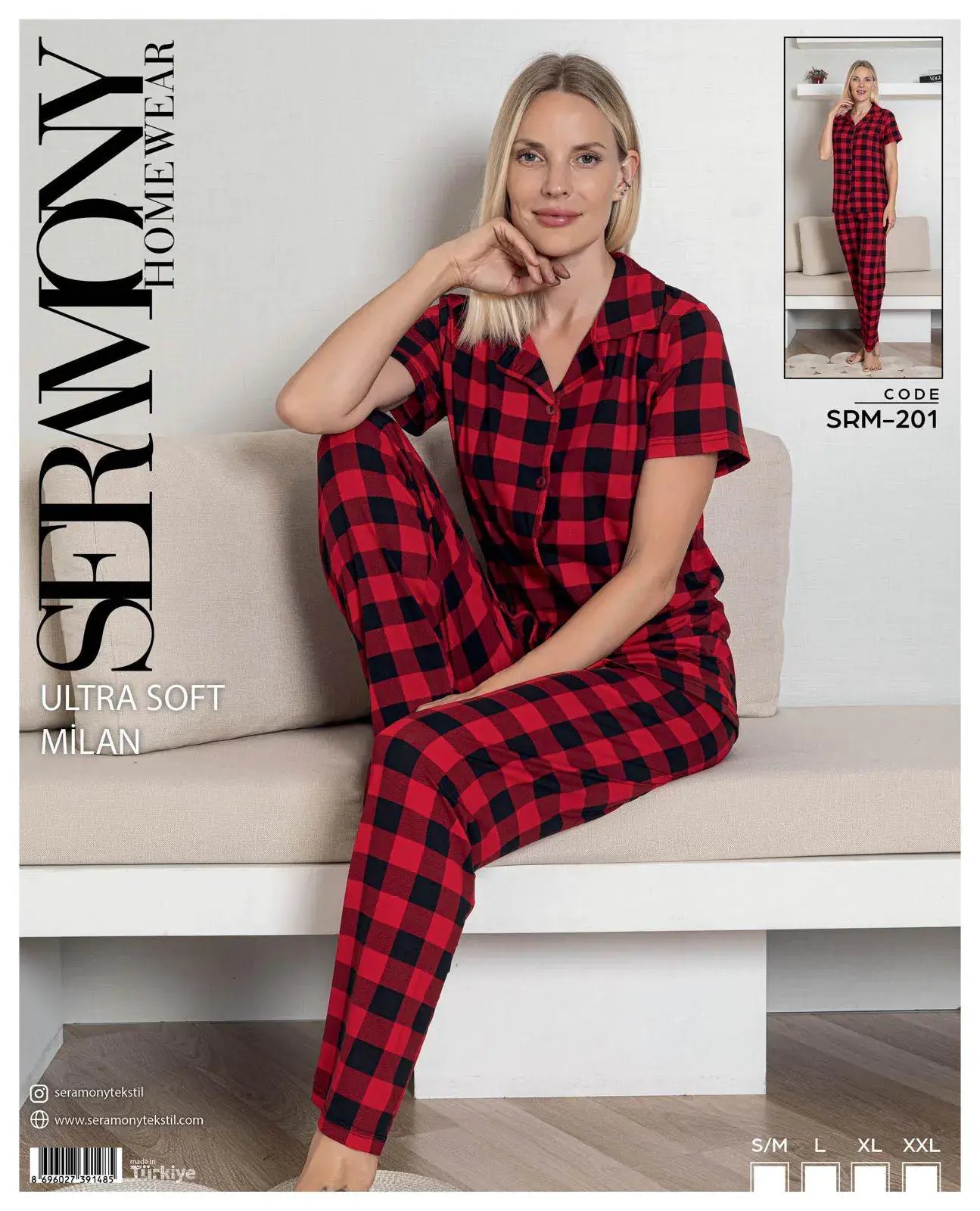 Seramony 201 (S-M-L-XL-XXL) Soft Milan Kısa Kollu Boydan Düğmeli Bayan Pijama Takım