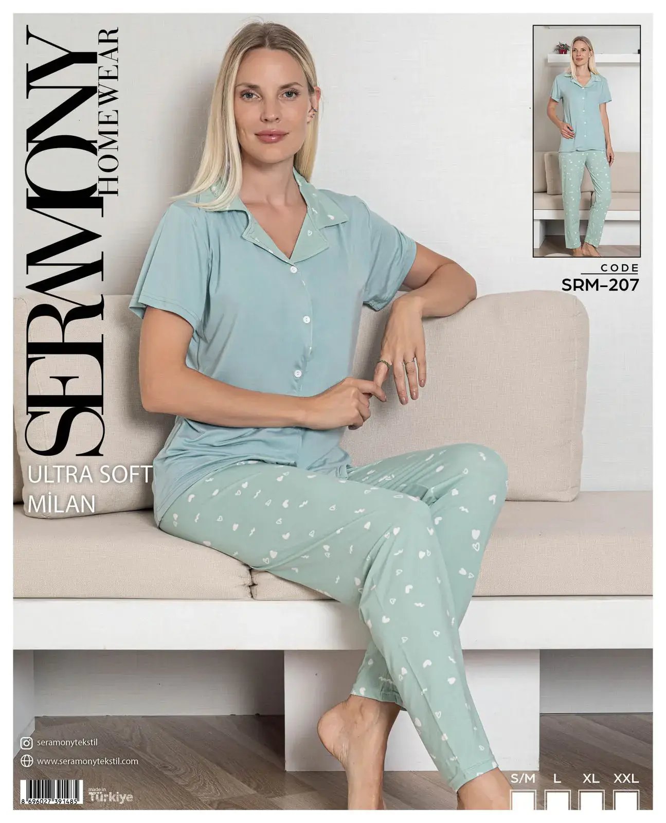 Seramony 207 (S-M-L-XL-XXL) Soft Milan Kısa Kollu Boydan Düğmeli Bayan Pijama Takım