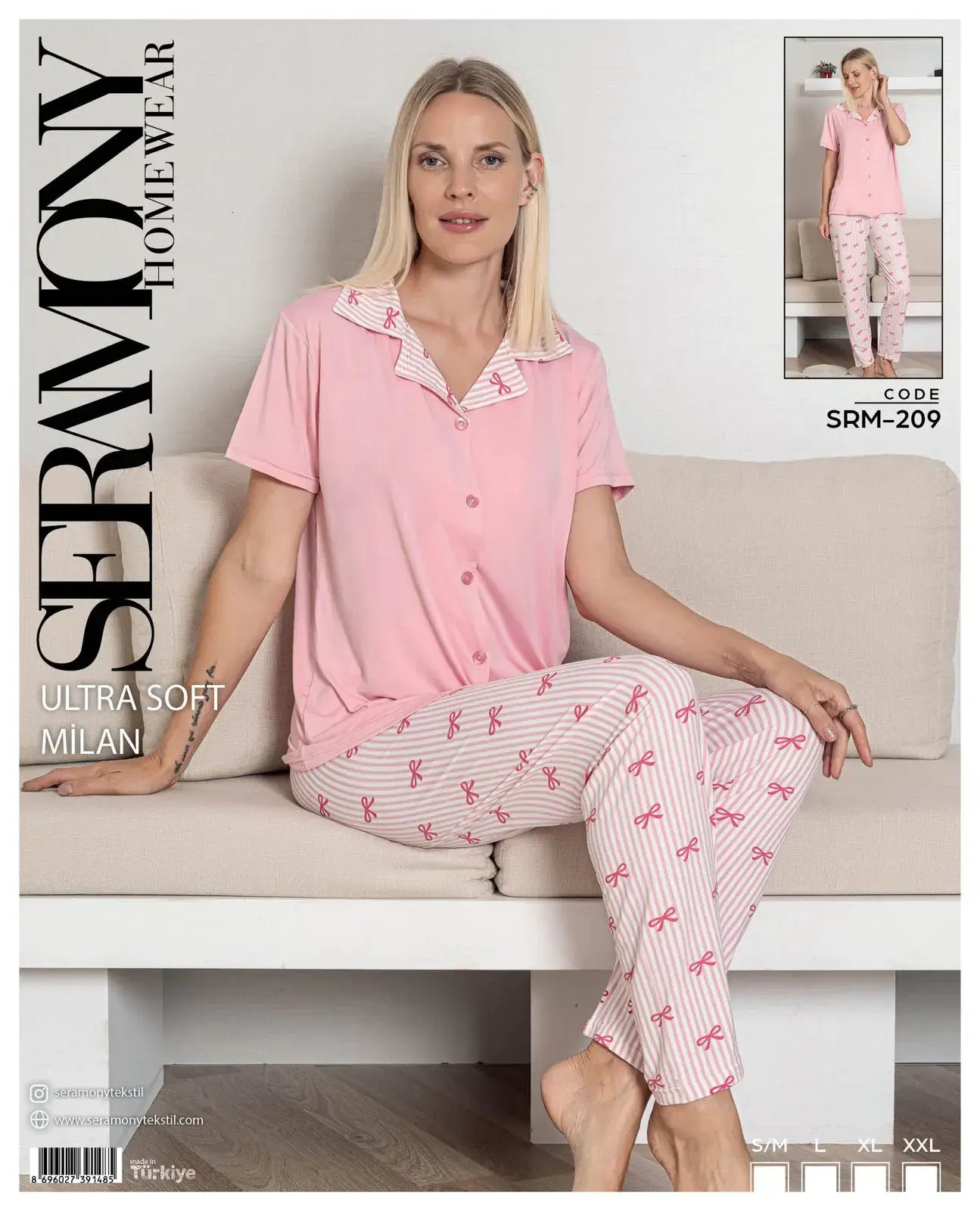 Seramony 209 (S-M-L-XL-XXL) Soft Milan Kısa Kollu Boydan Düğmeli Bayan Pijama Takım