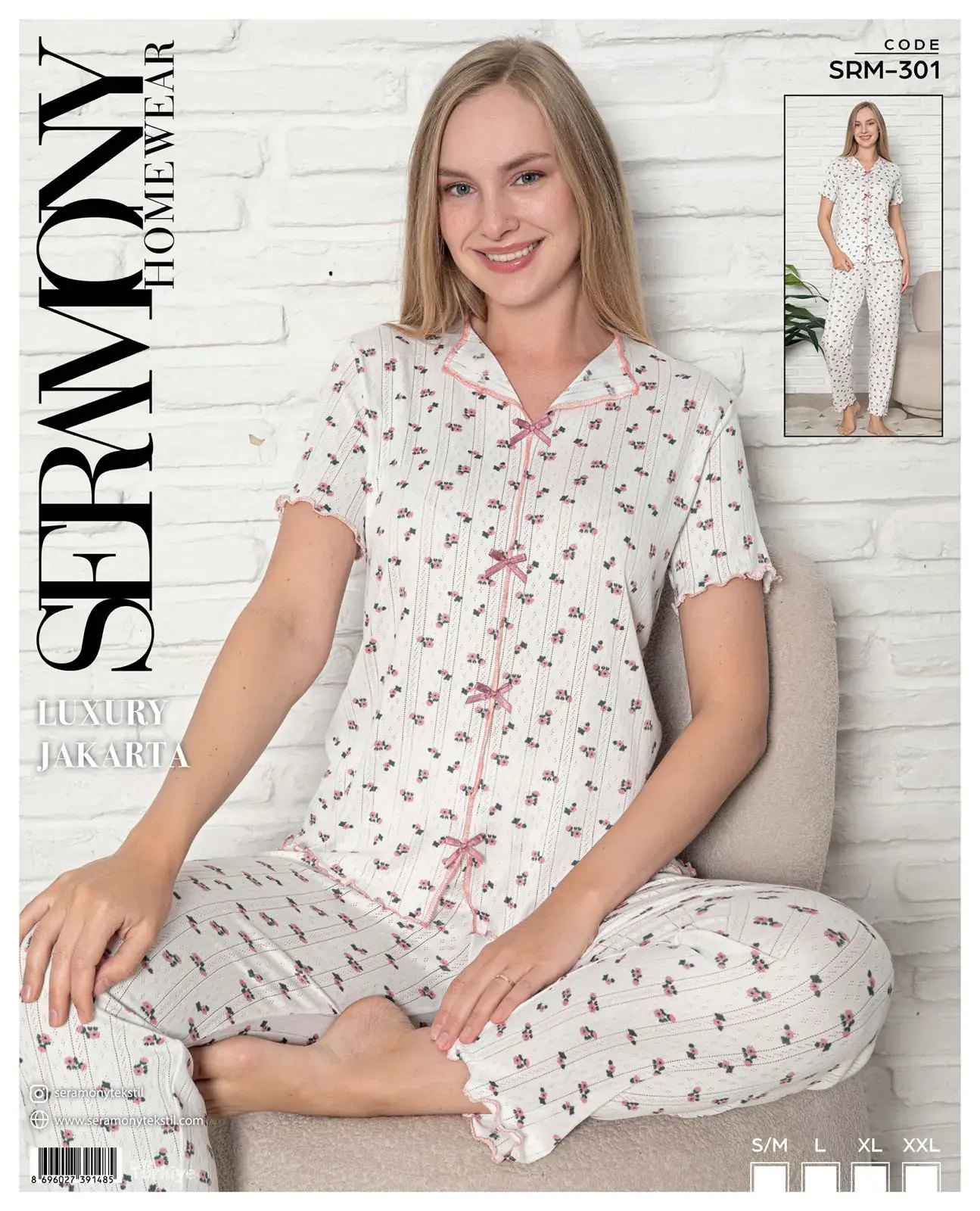 Seramony 301 (S-M-L-XL-XXL) Bayan Jakarlı Fiyonklu Kısa Kollu Pijama Takımı