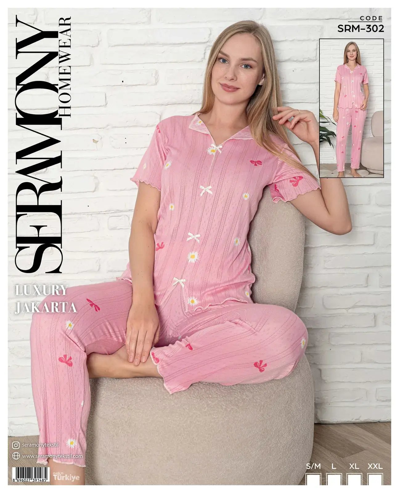 Seramony 302 (S-M-L-XL-XXL) Bayan Jakarlı Fiyonklu Kısa Kollu Pijama Takımı