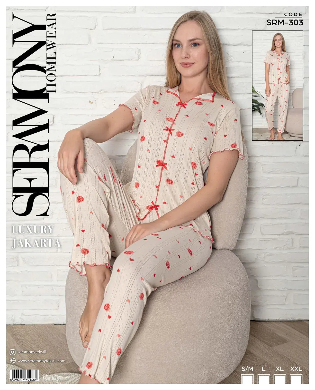 Seramony 303 (S-M-L-XL-XXL) Bayan Jakarlı Fiyonklu Kısa Kollu Pijama Takımı
