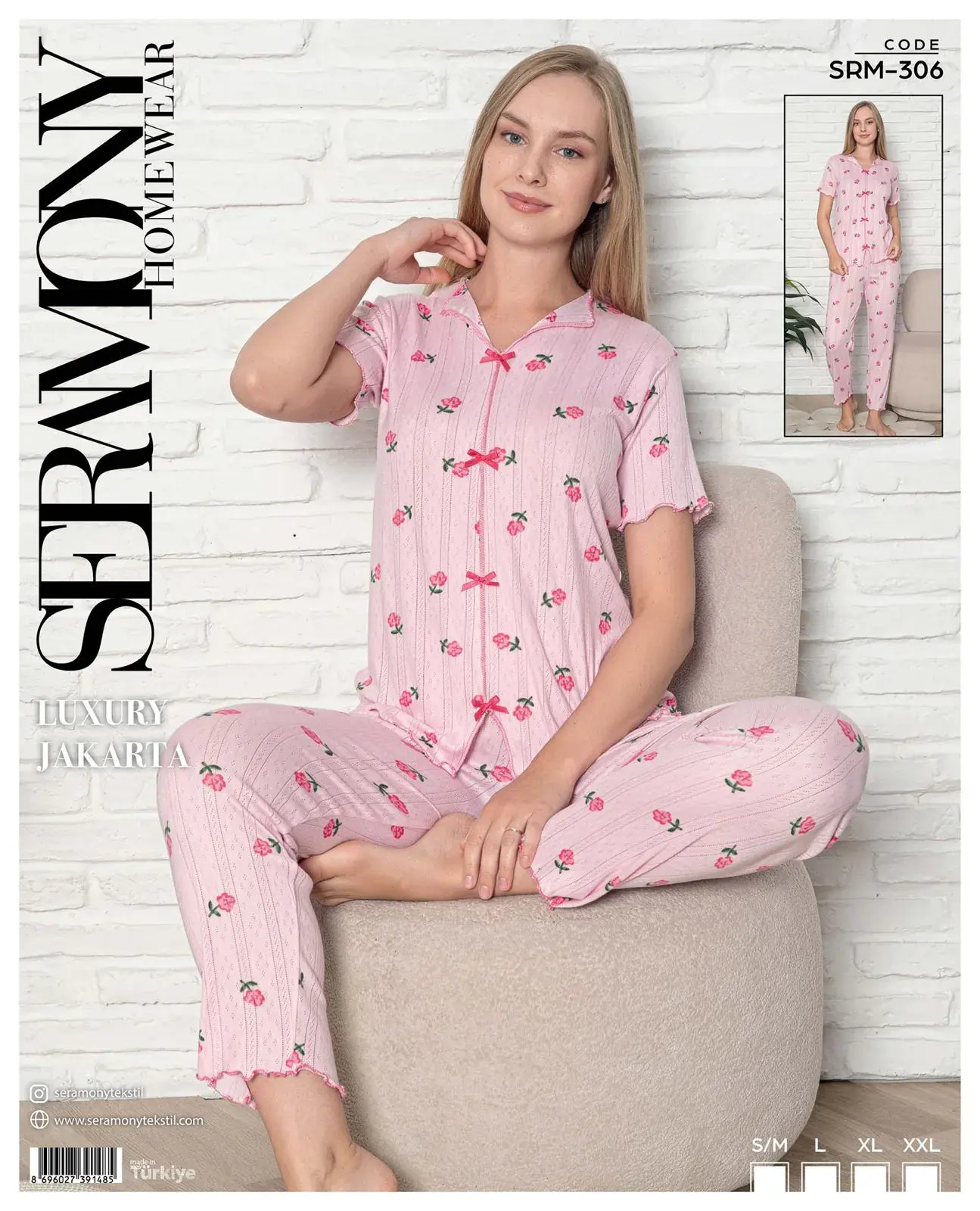 Seramony 306 (S-M-L-XL-XXL) Bayan Jakarlı Fiyonklu Kısa Kollu Pijama Takımı