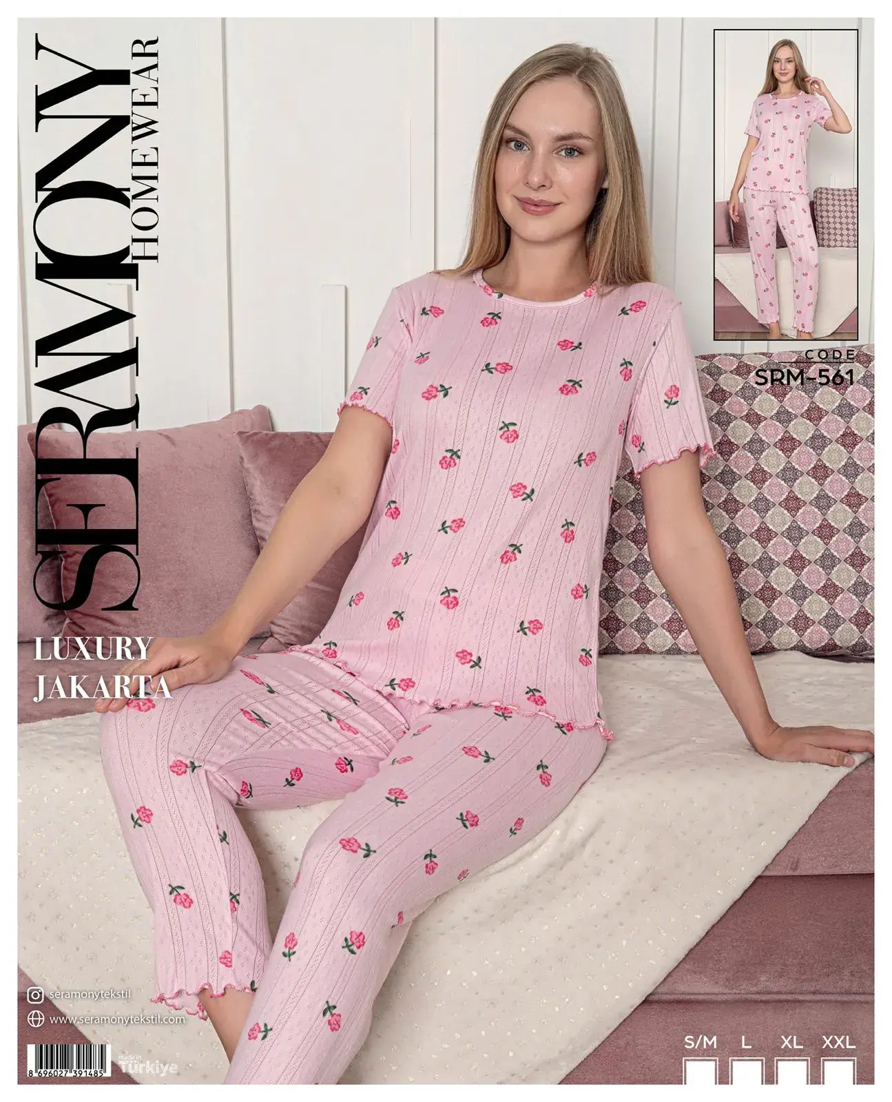 Seramony 561 (S-M-L-XL-XXL) Bayan Jakarlı Kısa Kollu Pijama Takımı