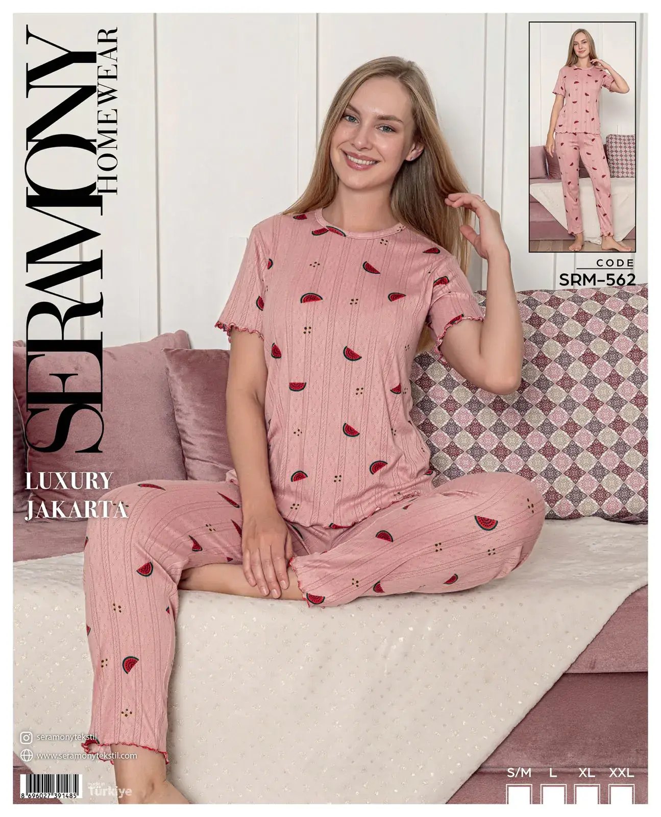 Seramony 562 (S-M-L-XL-XXL) Bayan Jakarlı Kısa Kollu Pijama Takımı