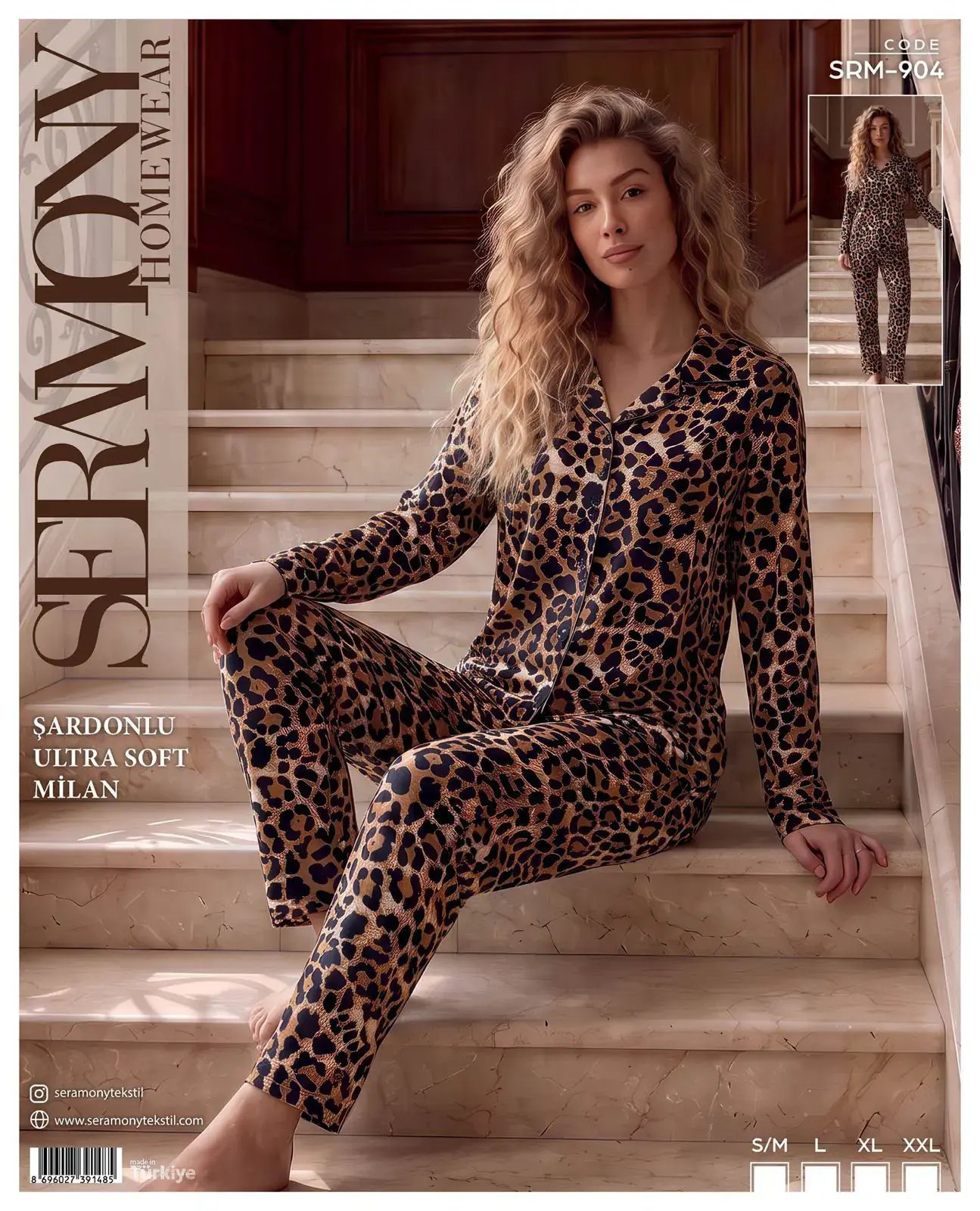 Seramony 904 (S-M-L-XL-XXL) Şardonlu Milan Uzun Kollu Boydan Düğmeli Bayan Pijama Takım