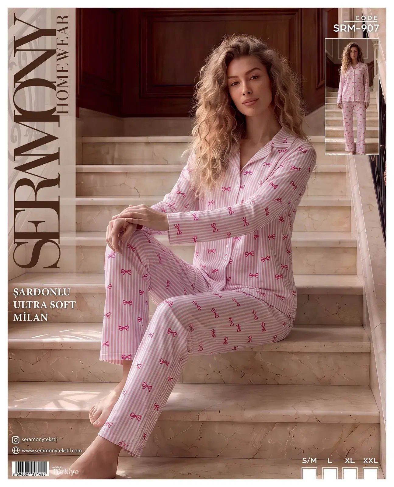 Seramony 907 (S-M-L-XL-XXL) Şardonlu Milan Uzun Kollu Boydan Düğmeli Bayan Pijama Takım